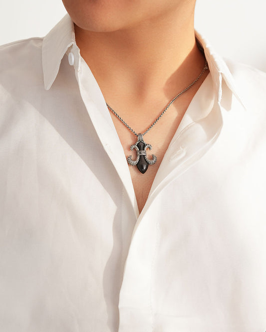 Marga Eastern Fleur-de-Lis Necklace - Black • Silver Sheen