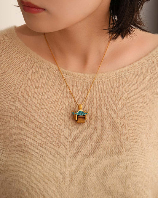 Vinaya Eastern Temple Necklace - Gold • Cyan Blue