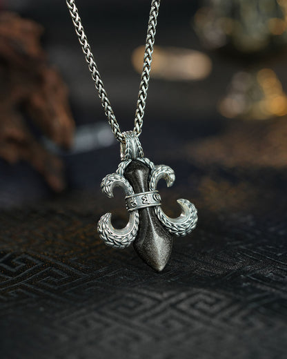 Marga Eastern Fleur-de-Lis Necklace - Black • Silver Sheen