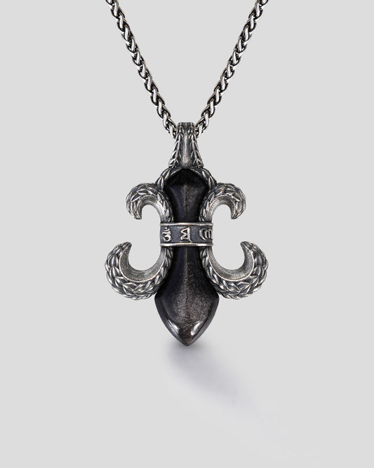Marga Eastern Fleur-de-Lis Necklace - Black • Silver Sheen