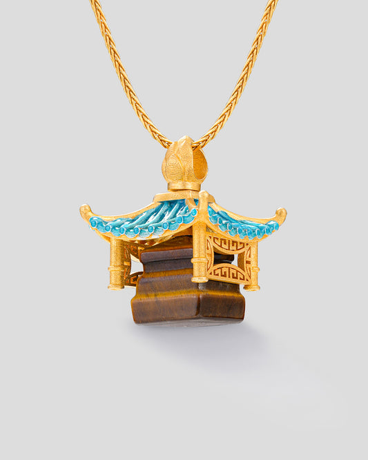 Vinaya Eastern Temple Necklace - Gold • Cyan Blue